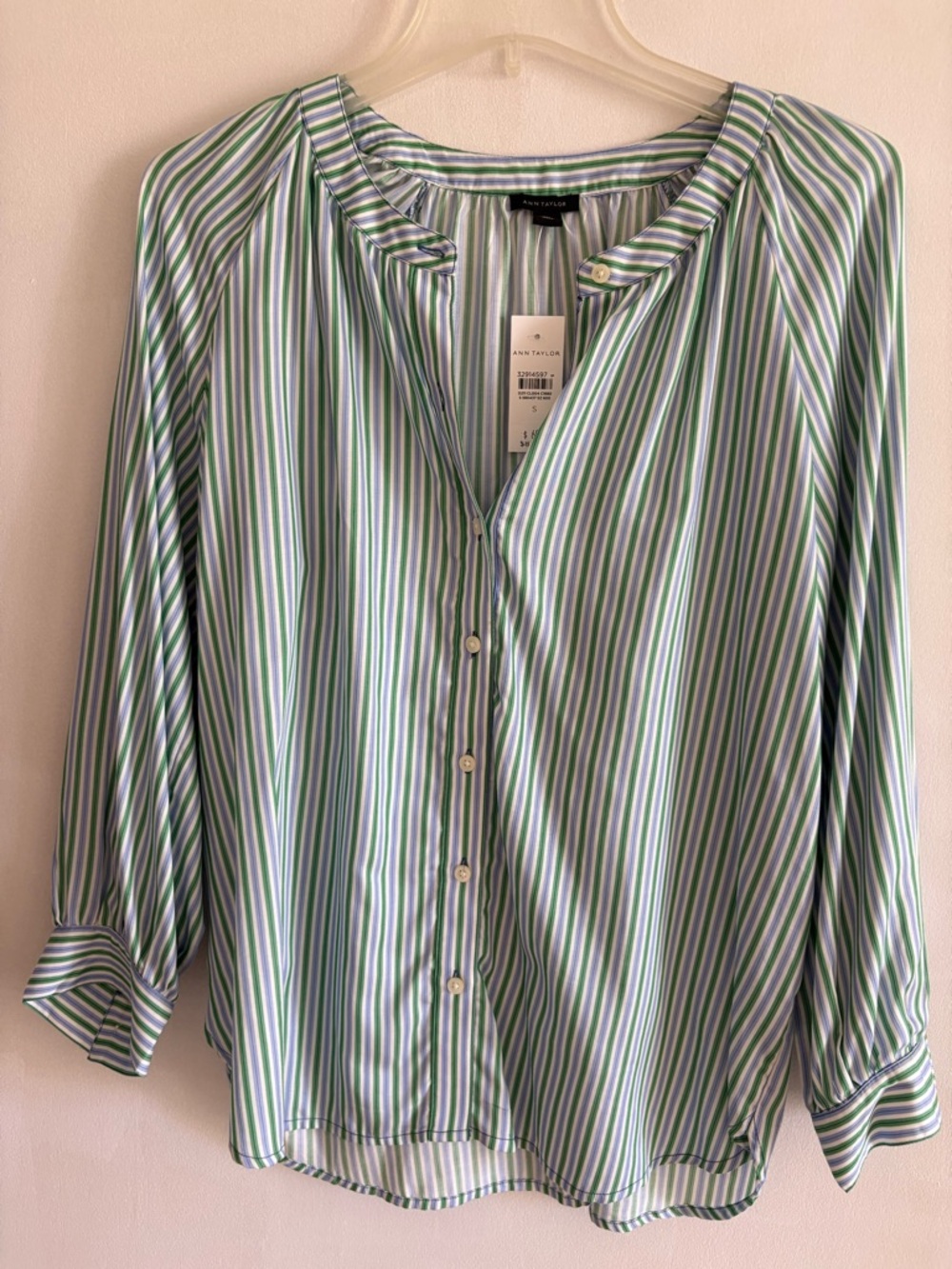 Ann Taylor Green and White Striped Button-Front Blouse s
